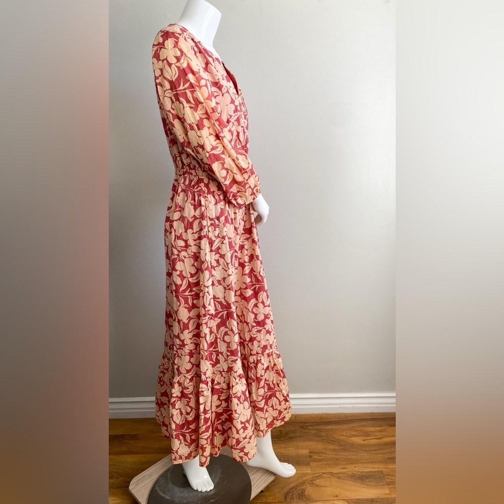 Cotton Floral Tiered Maxi Dress Boho Modest Travel Earthy Beige Feminine Size S - Picture 4 of 9